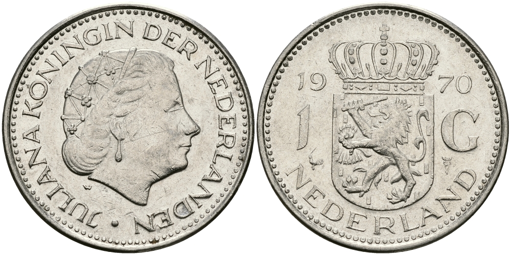Нидерланды 1 гульден 1970 Юлиана (1948-1980) KM 184а никель 94-625