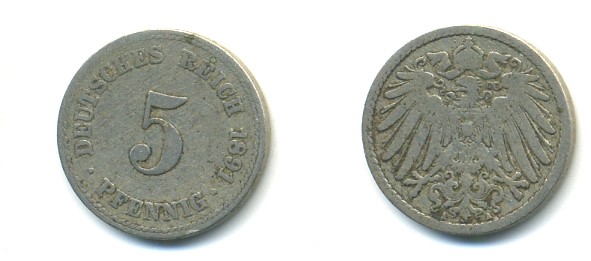 ГЕРМАНИЯ 5 ПФЕННИГОВ 1891 A, KM 11, J. 12 медно-никель 4379-341