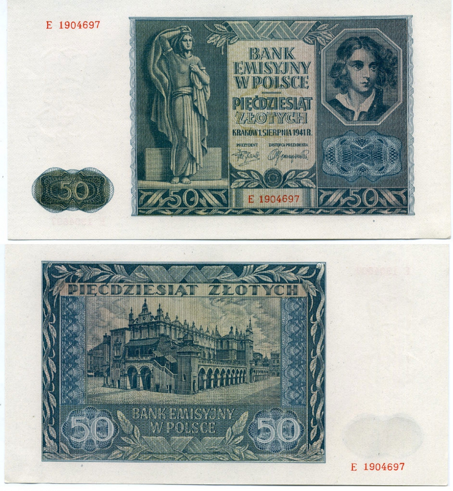 Польша 50 злотых 1941 Эмиссионный банк в Польше (немецкая оккупация) Pick 102  бумага aUNC 451-390-1