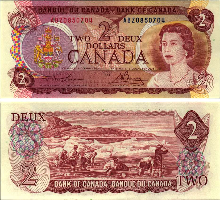 КАНАДА 2 ДОЛЛАРА 1974 ЕЛИЗАВЕТА II, ОХОТА ЭСКИМОСОВ, ЛОДКА, ПОДПИСЬ LAWSON-BOUEY Pick 86a бумага UNC (ПРЕСС) 7485-46-2