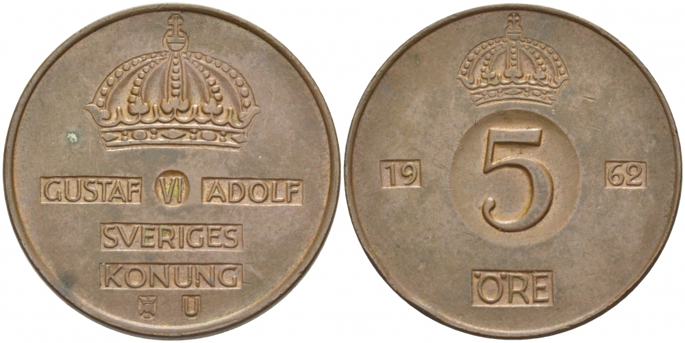 Швеция 5 эре 1962 Густав VI Адольф (1950-1973) KM 822 бронза 51-4222