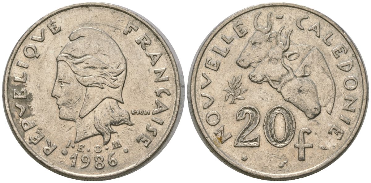 Французская Новая Каледония 20 франков 1986 три быка, (IEOM) KM 12, Schoen 14, Lec 112 никель 4120-1132