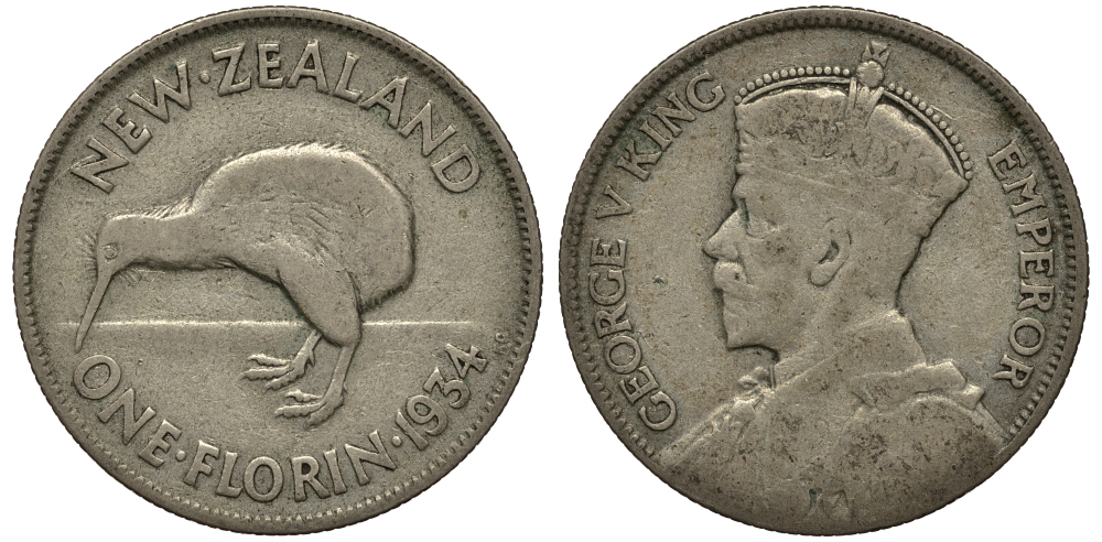 Новая Зеландия 1 флорин 1934 Георг V (1910-1936), птичка киви KM 4 серебро 272-1314