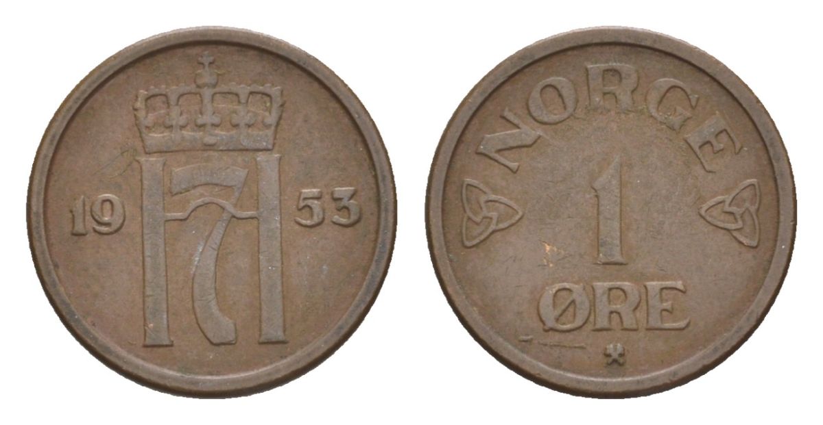 Норвегия 1 эре 1953 Хокон VII (1905-1957) KM 398 бронза 4632-1064