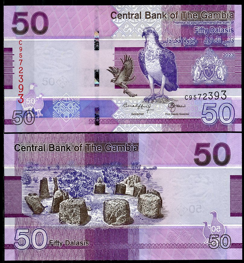 Гамбия 5, 10, 20, 50, 100 и 200 даласи 2023 серия птиц Pick 37, 38, 39, 40, 41, 42  бумага  UNC (пресс) 448-14-1-2