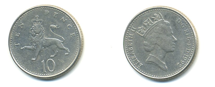 Великобритания 10 пенсов 1992 Елизавета II (1952-2022) KM 938b, Spink 4367 (F4) медно-никель 59-514
