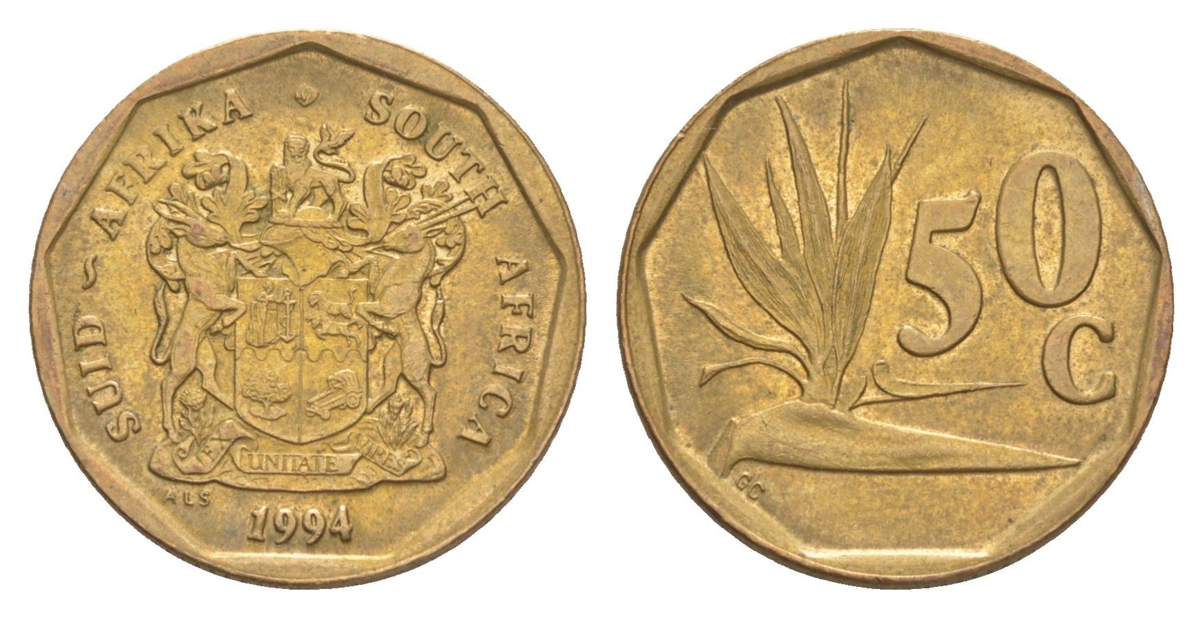 ЮАР 50 центов 1994 Зантедеския Эллиота (калла), герб KM 137 сталь плакированная бронзой UNC 4618-626