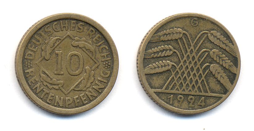 ГЕРМАНИЯ 10 РЕНТЕНПФЕННИГОВ 1924 G KM 33, J. 309, Weege 8 алюминиевая бронза 35-717