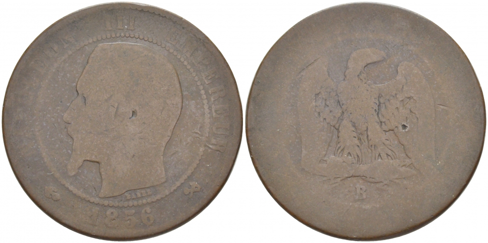 ФРАНЦИЯ 10 САНТИМОВ 1856 В, НАПОЛЕОН III (1852-1870) KM 771.2, LA FRANC 133.33 бронза 3457-416