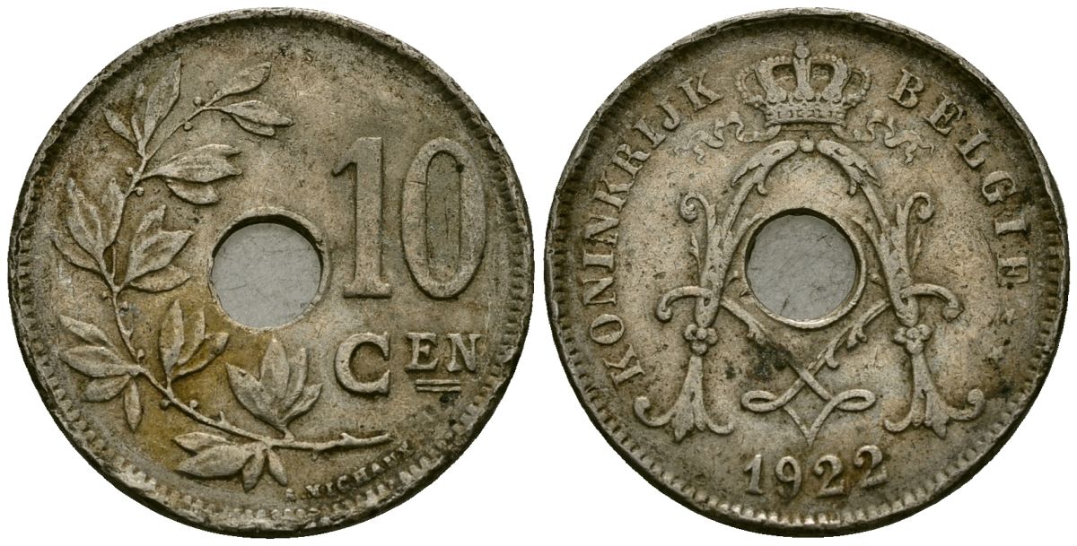 Бельгия 10 сантимов 1922 Belgie KM 86 медно-никель 4172-644