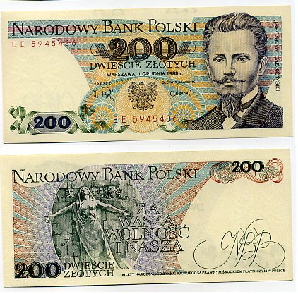 ПОЛЬША 200 ЗЛОТЫХ 1988 UNC (пресс) бумага 7146-49-3-1