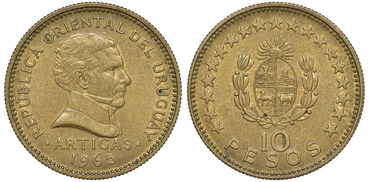 Уругвай 10 песо 1965 KM 48 алюминиевая бронза 4574-724