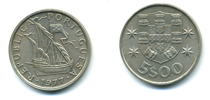 ПОРТУГАЛИЯ 5 ЭСКУДО 1977 ПАРУСНИК KM 591 медно-никель 59-1126