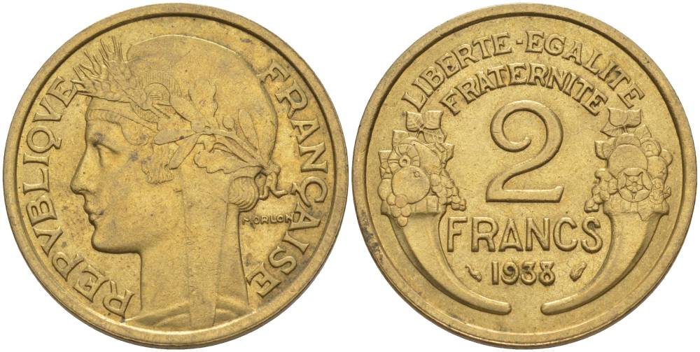 ФРАНЦИЯ 2 ФРАНКА 1938 ТИП MORLON KM 886, LE FRANC 268.11 алюминиевая бронза 69-1242