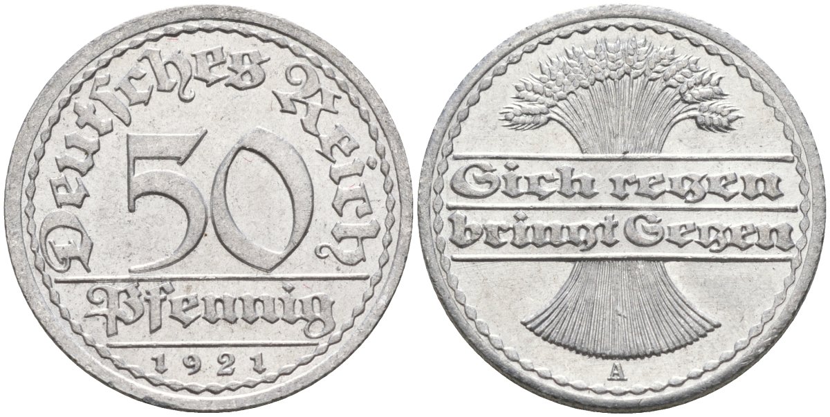 Германия 50 пфеннигов 1921 A KM 27, J.301, Weege 10 алюминий UNC 4584-822