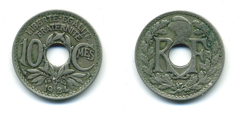 ФРАНЦИЯ 10 САНТИМОВ 1924 ТИП ЛИНДАЙЁ KM 866а, LE FRANC 138.10 медно-никель 84-345