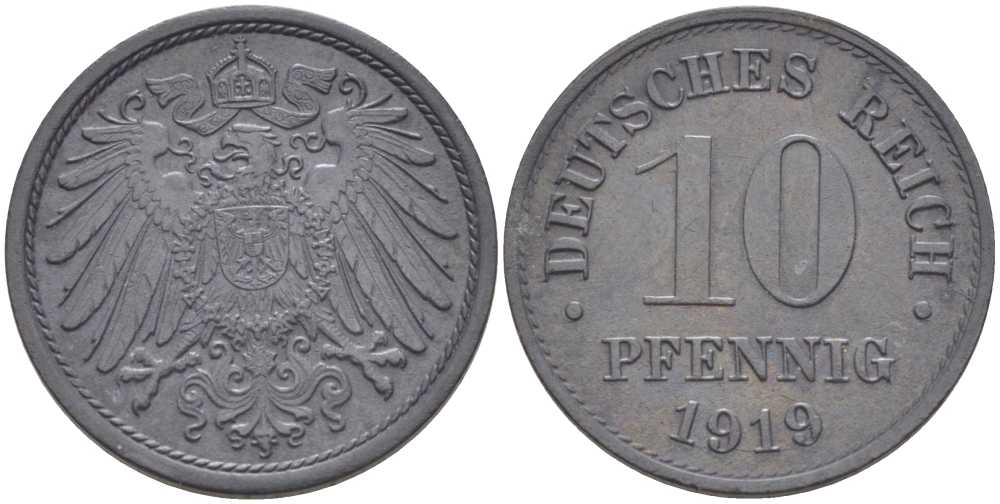 ГЕРМАНИЯ 10 ПФЕННИНГОВ 1919 KM 26, J.299, Weege 8 цинк 202-215