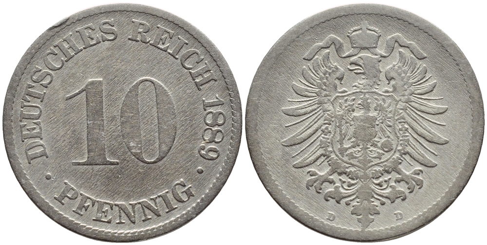 ГЕРМАНИЯ 10 ПФЕННИГОВ 1889 D, СТАРОГЕРБОВКА KM 4, J.4 медно-никель 4395-1233
