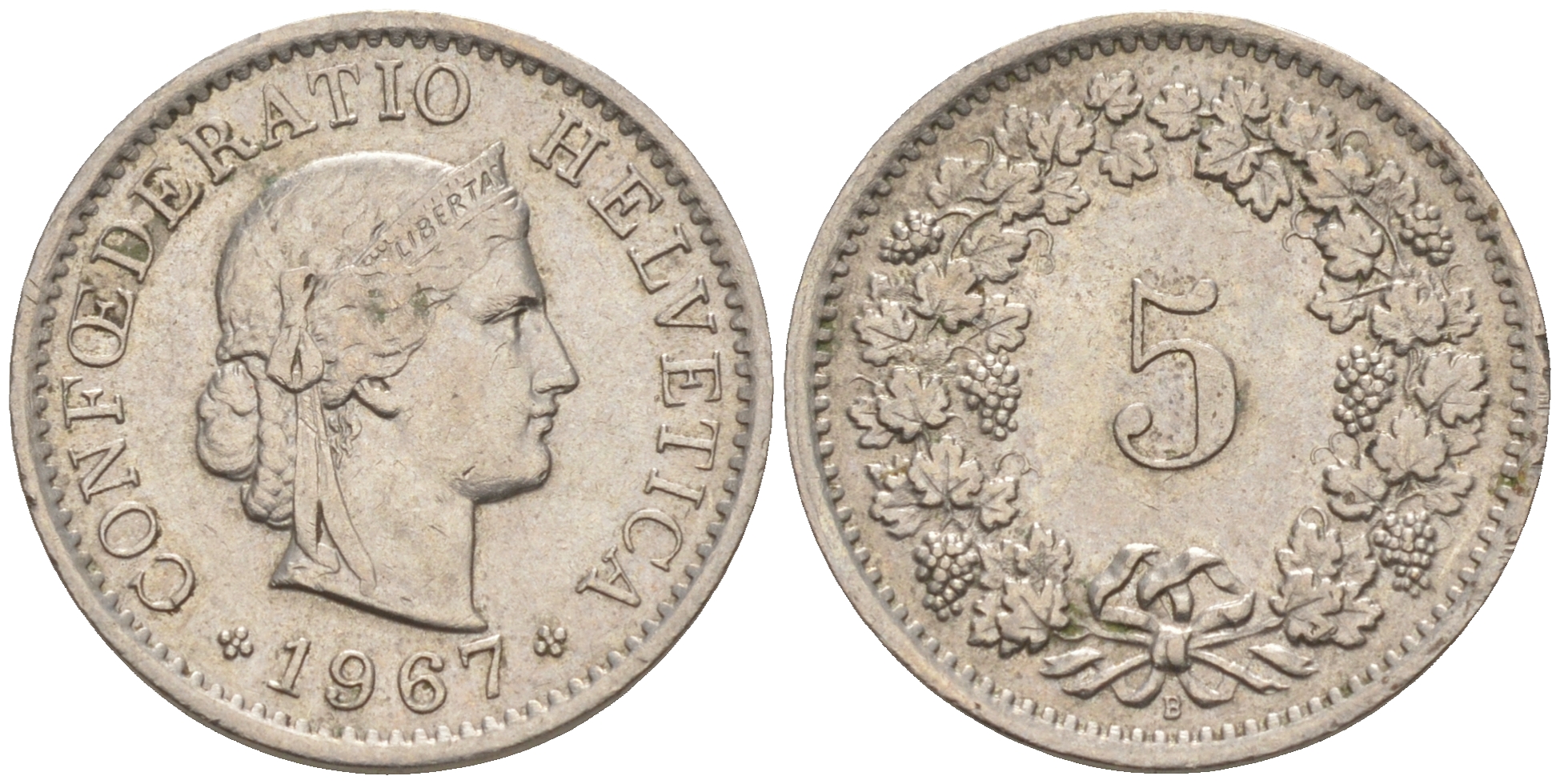 ШВЕЙЦАРИЯ 5 РАППЕНОВ 1967 B KM 26 медно-никель 188-364