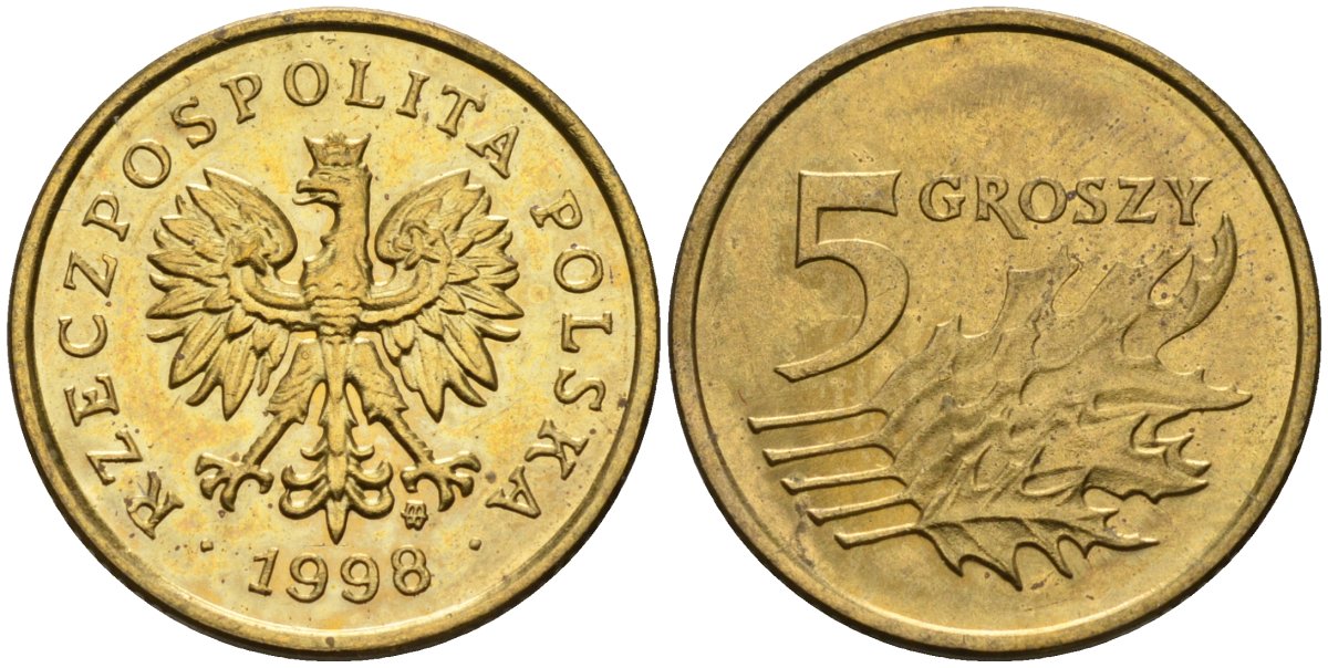 Польша 5 грошей 1998 MW KM 278, Parchimowicz 703e латунь 4580-551