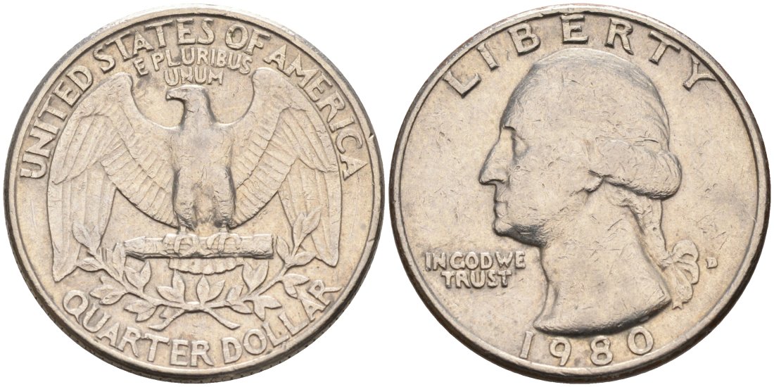 США 25 центов (квотер) 1980 D, Вашингтон KM A164a медь плакированная медно-никелем 92-1224