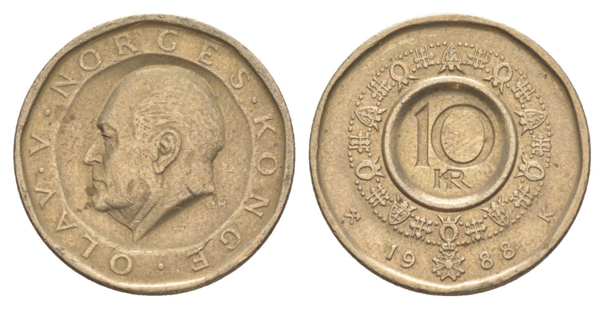 Норвегия 10 крон 1988 Улаф V (1957-1991) KM 427 никель латунь 4635-756