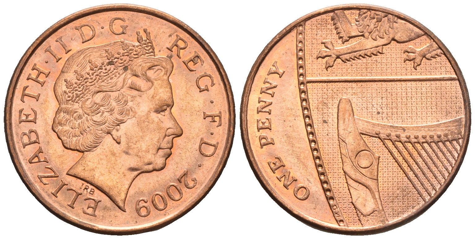 Великобритания 1 пенни 2009 Елизавета II (1952-2022) KM 1107, Spink B6 сталь плакированная медью 4609-657