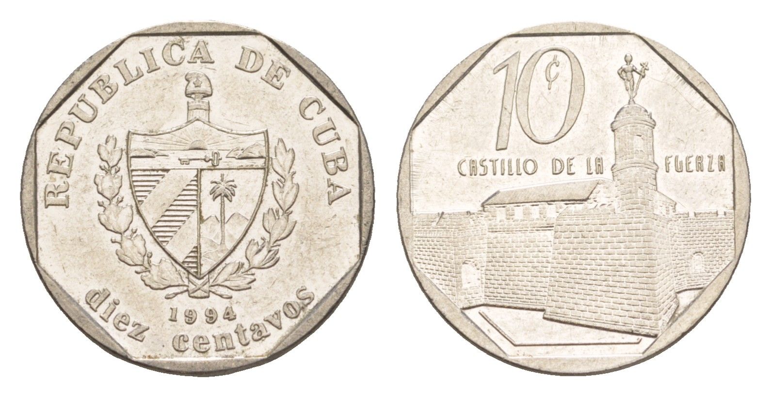 Куба 10 сентаво 1994 форт в Гаване Ла-Фуэрса KM 576.1 сталь плакированная никелем 4644-729