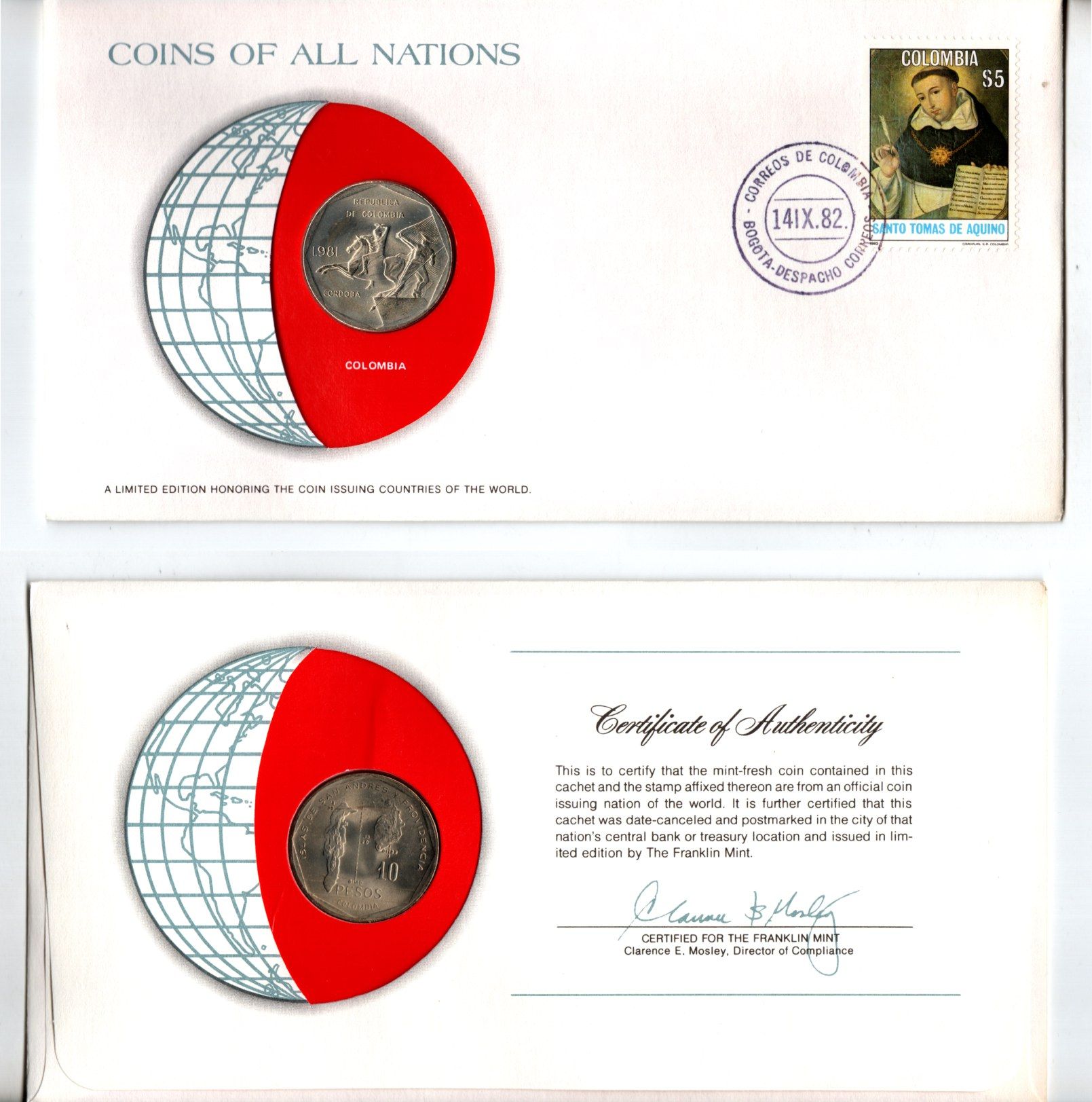 Колумбия 10 песо 1981 конверт с маркой первого дня гашения, Coins of Nations KM 270 медь цинк никель UNC 4294-3-3