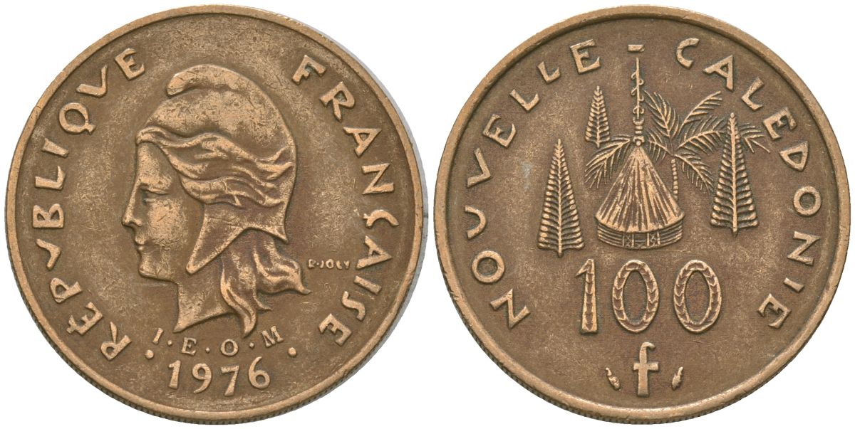 Французская Новая Каледония 100 франков 1976 R·JOLY (с точкой), хижина среди сосен и пальм, (IEOM) KM 15, Schoen 16, Lec 130 никель латунь 4137-615