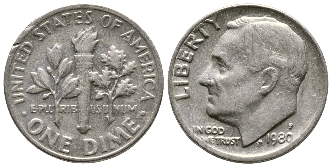 США 10 центов = дайм 1980 P, Рузвельт KM 195а медь плакированная медно-никелем 220-422