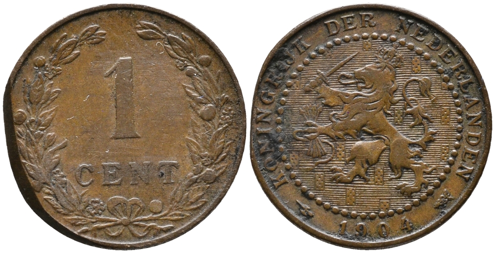 НИДЕРЛАНДЫ 1 ЦЕНТ 1904 ВИЛЬГЕЛЬМИНА KM 132.1 бронза 100-561