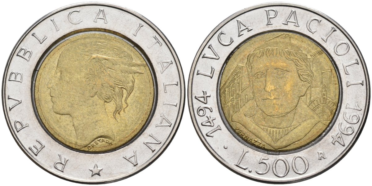 Италия 500 лир 1994 R, 500 лет публикации работ Луки Пачали KM 167 биметалл 4589-1214