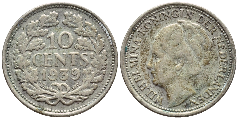 Нидерланды 10 центов 1939 Вильгельмина I (1890-1948) KM 163 серебро 26-744