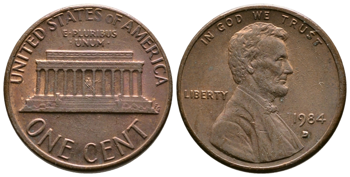 США 1 цент 1984 D, Линкольн KM 201b цинк плакированный медью    4608-366