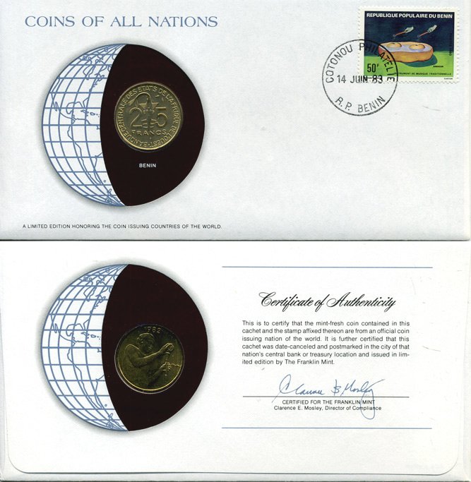 ВАЛЮТНЫЙ СОЮЗ СТРАН ЗАПАДНОЙ АФРИКИ 25 ФРАНКОВ 1982 монета в конверте с маркой и спецгашением UNC 4294-45-1