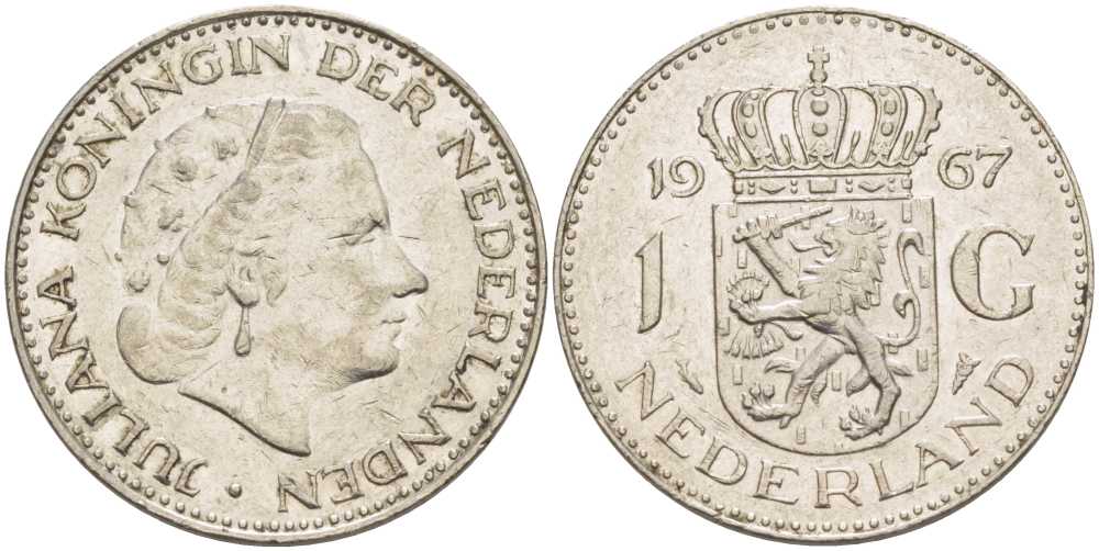 Нидерланды 1 гульден 1967 Юлиана (1948-1980) KM 184а никель 213-952