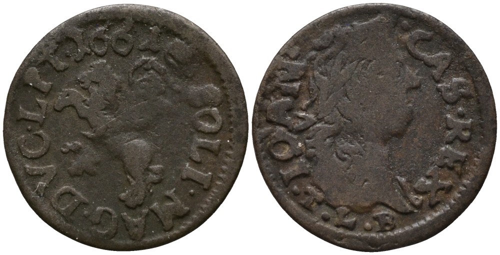 ЛИТВА 1 СОЛИД 1661 TLB, ЯН II КАЗИМИР (1648-1668) KM 50 медь 441-1031