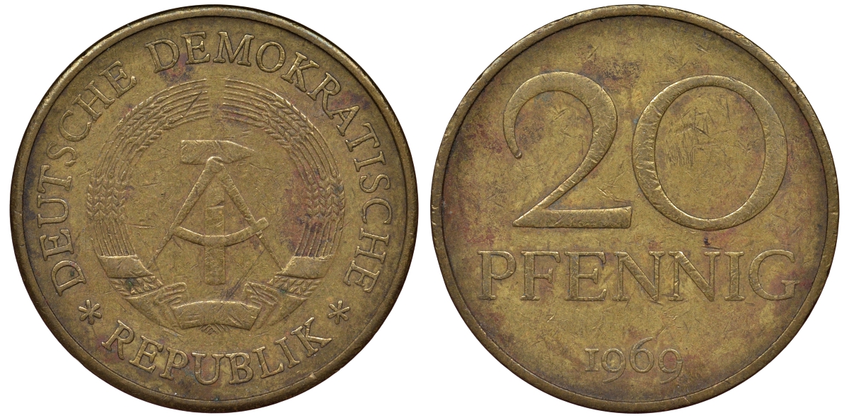 ГДР 20 пфеннигов 1969 А, первый год KM 11 латунь 62-956