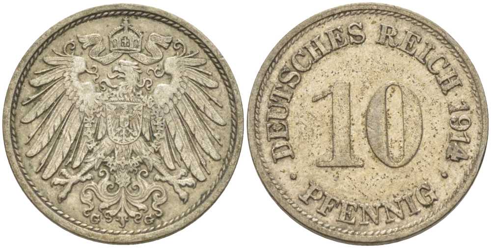 ГЕРМАНИЯ 10 ПФЕННИГОВ 1914 G KM 12, J. 13, Weege 8 медно-никель 212-251