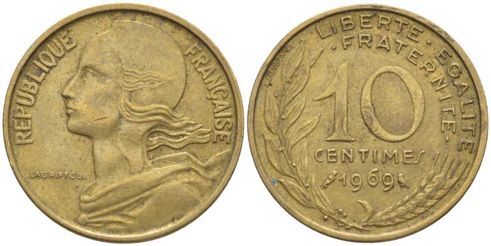 ФРАНЦИЯ 10 САНТИМОВ 1969 ТИП MARIANNE KM 929, LE FRANC 144.9 медь алюминий никель 116-116