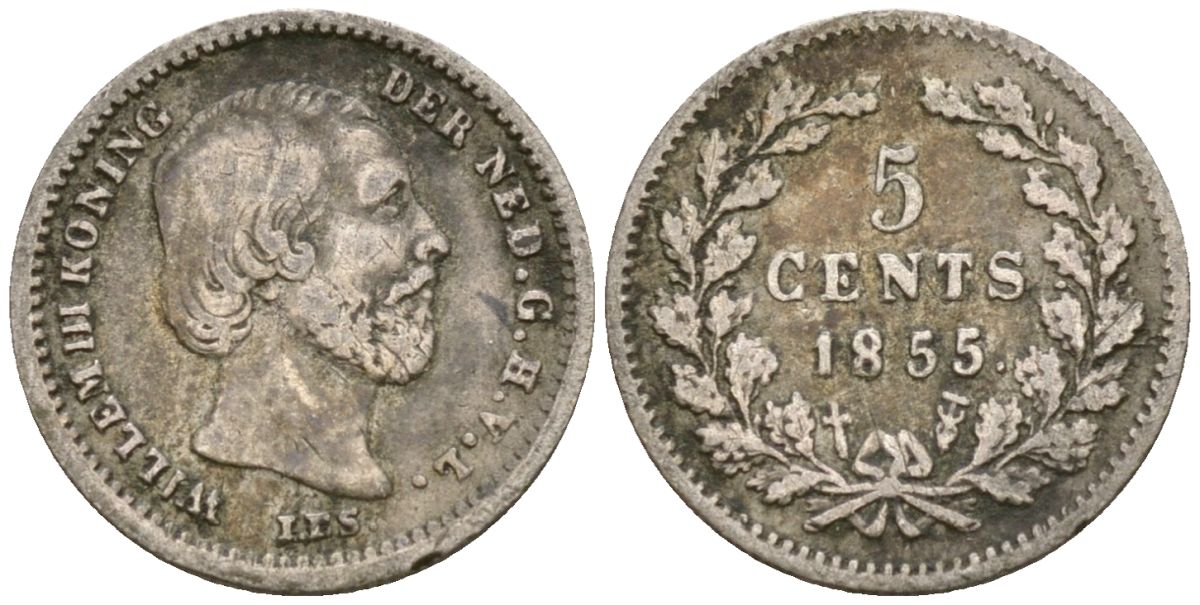 Нидерланды 5 центов 1855 Виллем III (1849-1890) KM 91 серебро 4169-449