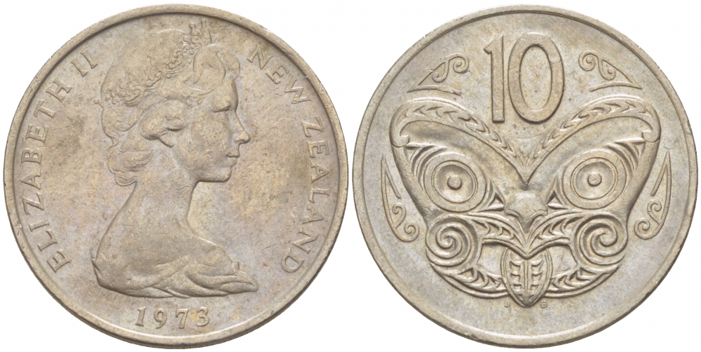 Новая Зеландия 10 центов 1973 Елизавета II (1952-2022), маска маори KM 41.1 медно-никель 212-1135