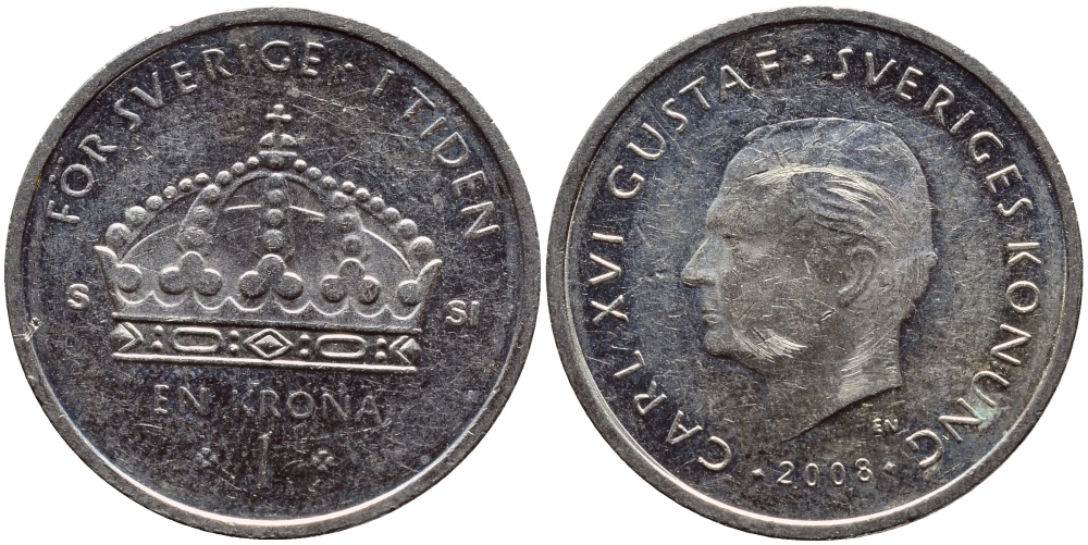 Швеция 1 крона 2008 Карл XVI Густав (1973- ) KM 894 медно-никель 87-1127