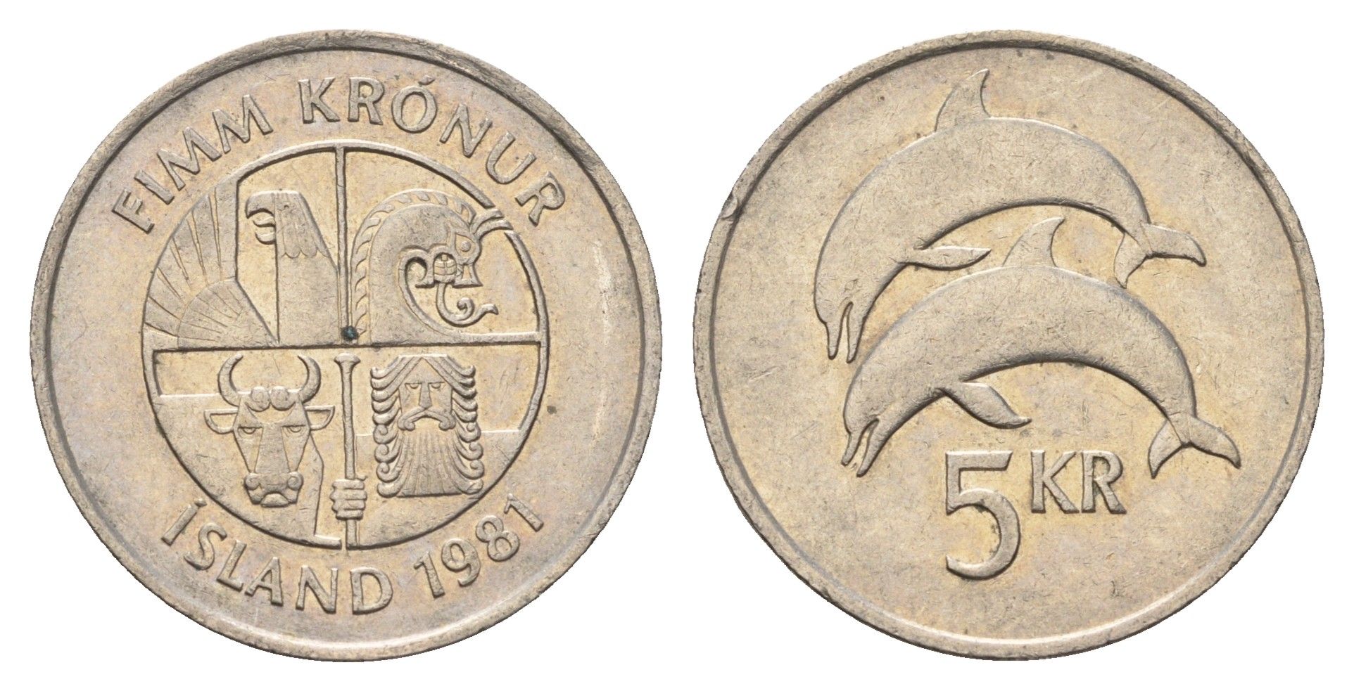 Исландия 5 крон 1981 дельфины KM 28 медно-никель 4591-854