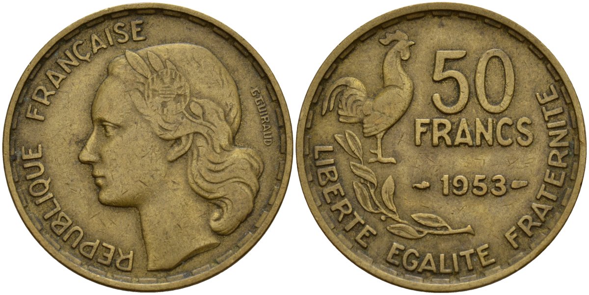 Франция 50 франков 1953 B, Петух KM 918.1, Le Franc 425.5 алюминиевая бронза 4157-225