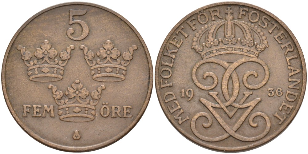 Швеция 5 эре 1936 Густав V (1907-1950), short 6 KM 779.2 бронза 4557-633