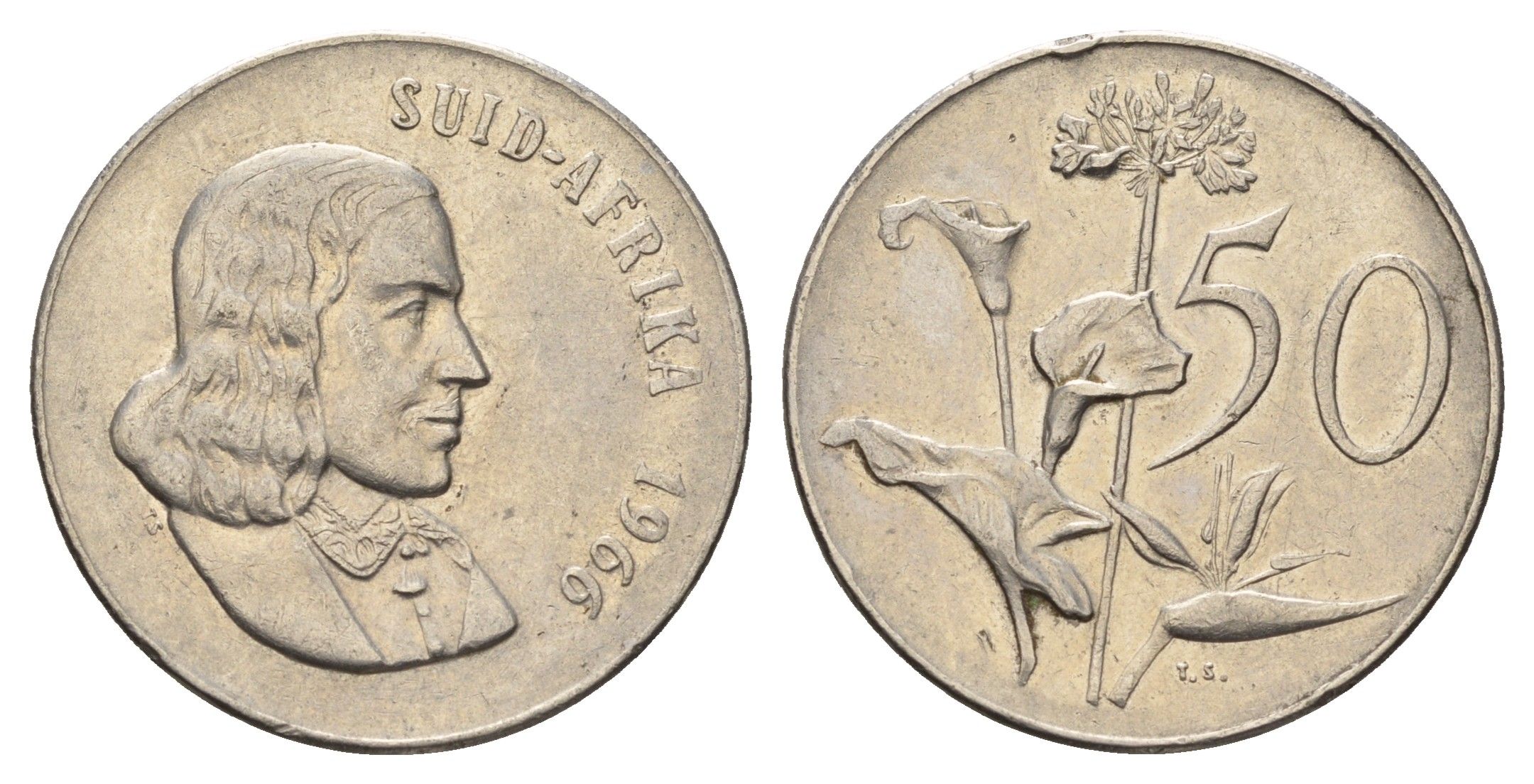 ЮАР 50 центов 1966 Ян ван Рибек (1619-1677), Suid Africa, легенда на африкаанс, Зантедеския Эллиота (калла) KM 70.2 никель 4604-955