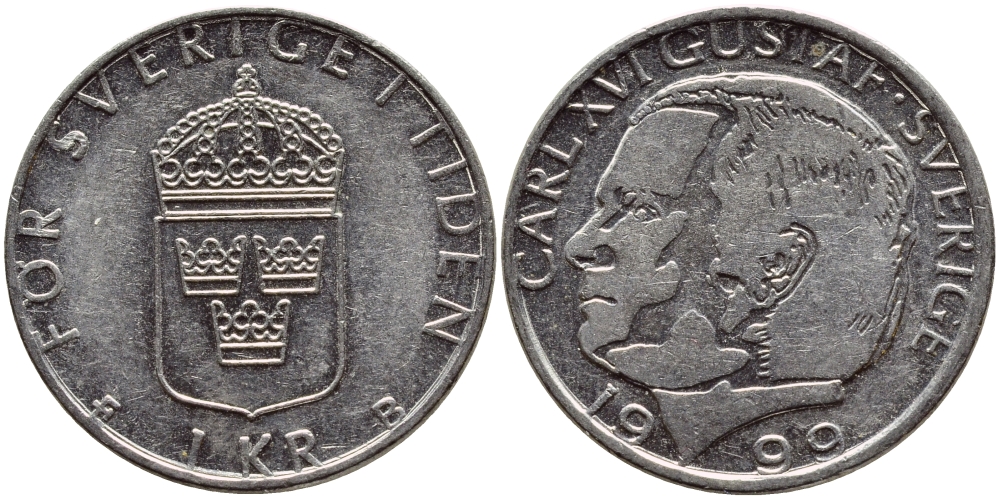 Швеция 1 крона 1999 Карл XVI Густав (1973- ) KM 852a медно-никель 4610-727