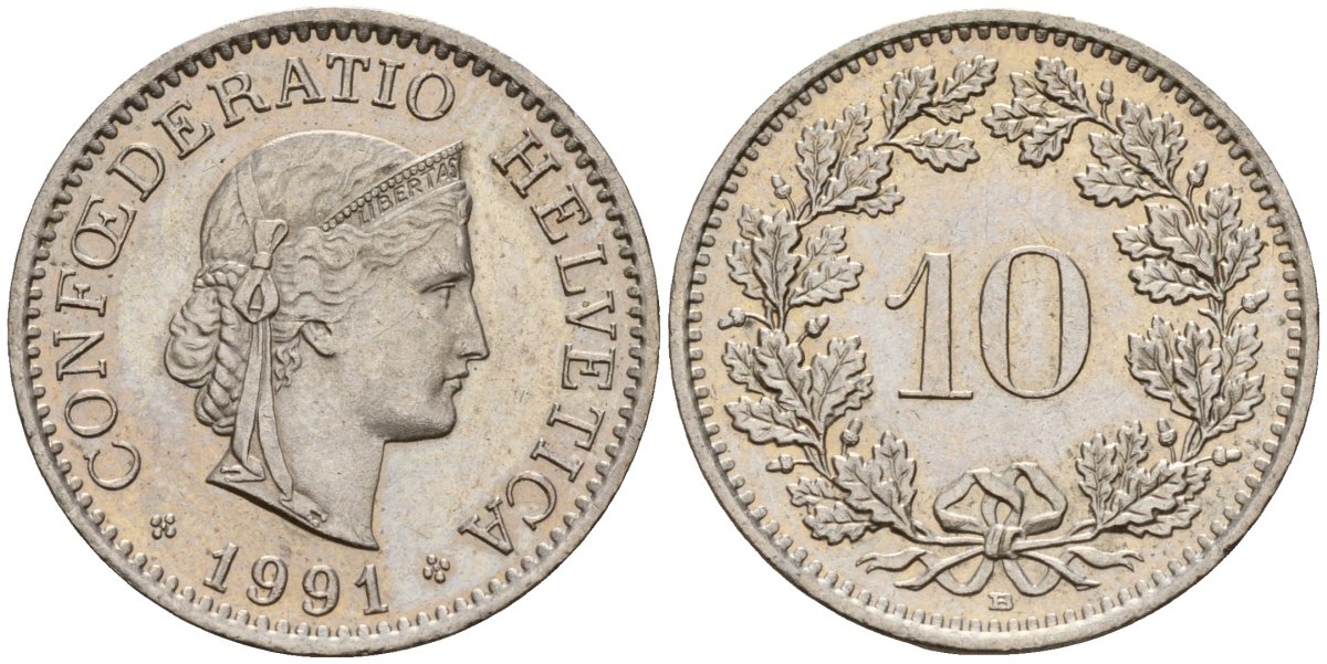 Швейцария 10 раппенов 1991 B KM 27 медно-никель 4189-435